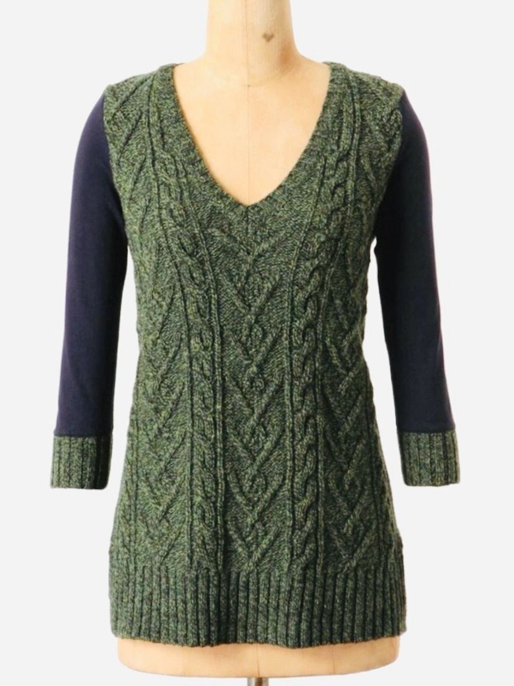 Anthropologie Pilcro Green & Navy Blue Dual Cable Knit Sweater Wool Cozy XS